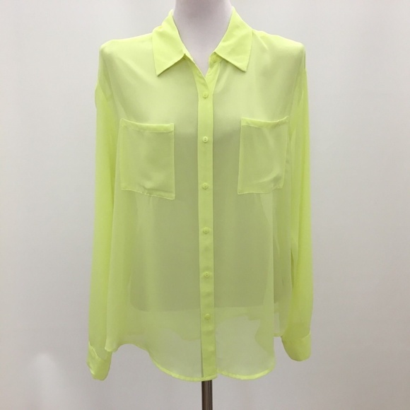 Decree Neon Yellow Sheer Button Down Long Sleeve - Picture 1 of 7